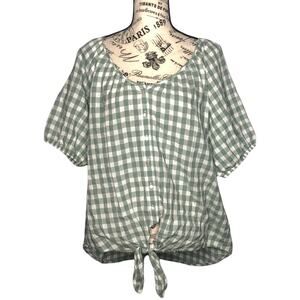 Brina & Em LARGE Concetta Tie Front Top - Checkered Short Sleeve Button Front